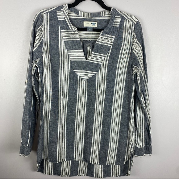 OLD Navy Chambray Striped Boho V Neck Linen Blend Top Medium - Picture 2 of 9